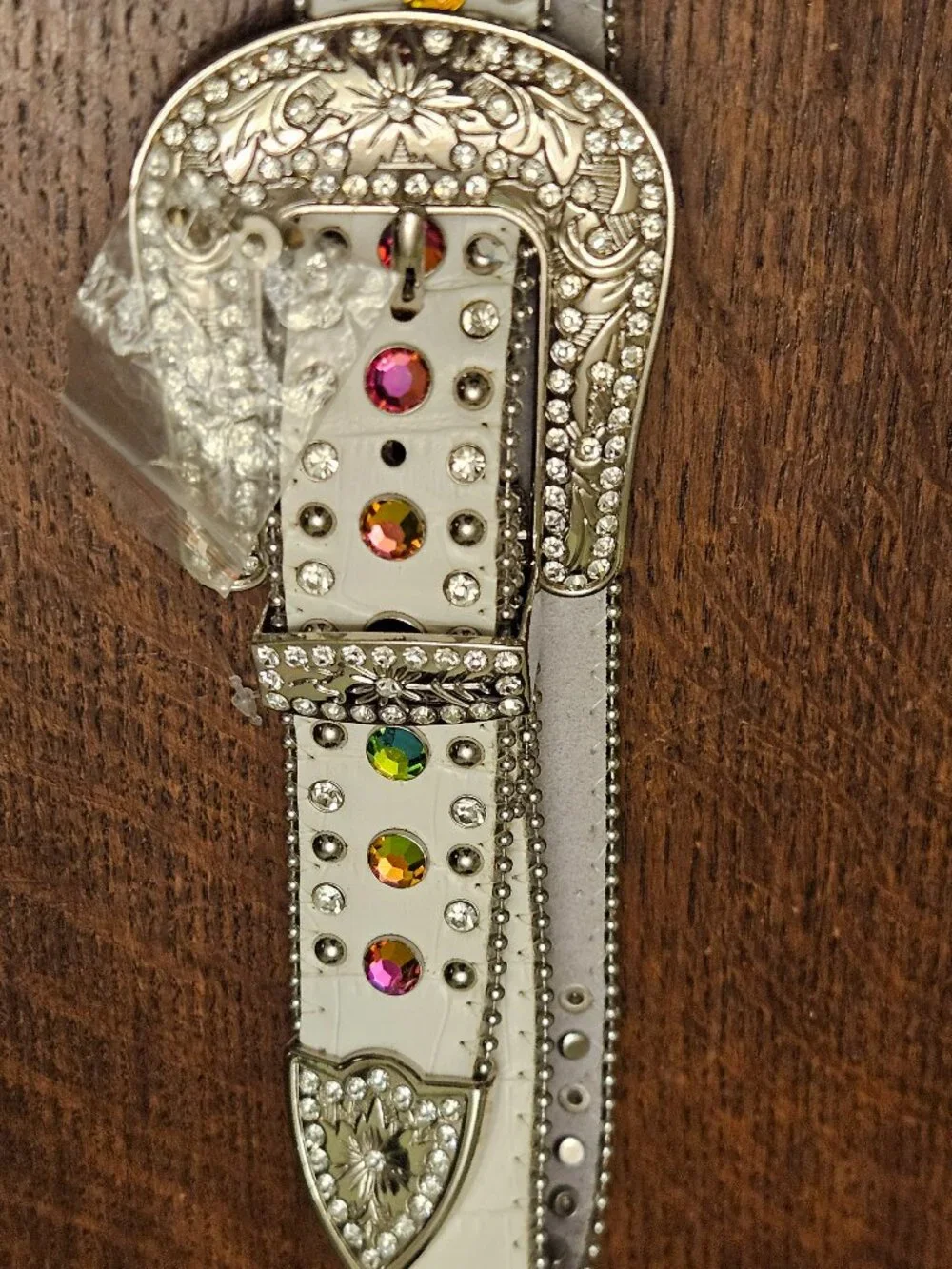 Y2K Genuine Leather White Aurora Borealis Rhinestone Bling Belt Large 38